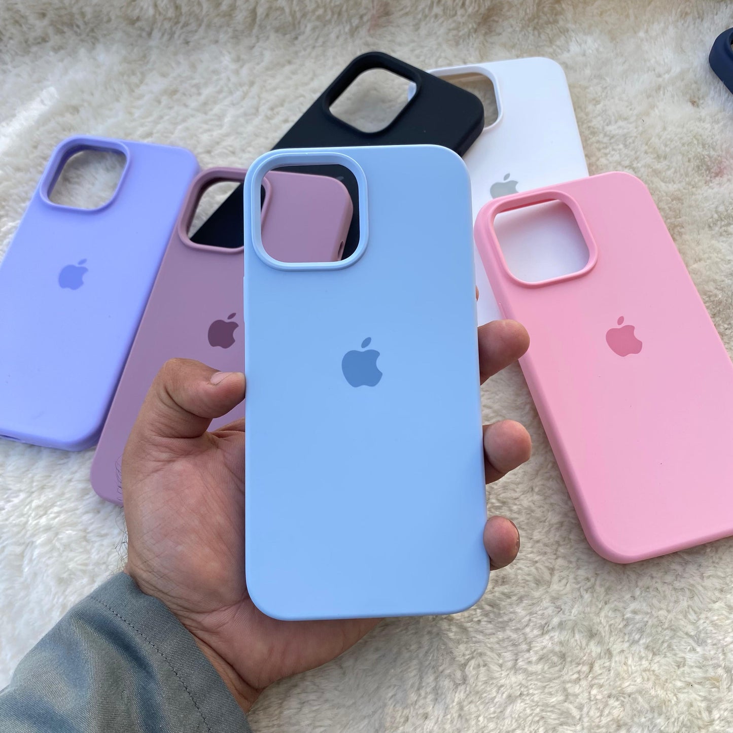 Sierra Blue- Apple Logo Silicone Case With Velvet Fabric Inside